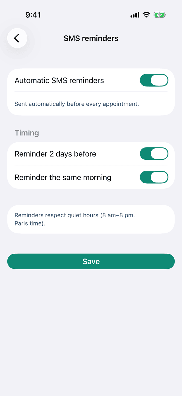 The "SMS reminders" screen: the "Automatic SMS reminders" switch is on, the timing covers both the reminder two days before and the one on the same morning, and a note states that reminders respect quiet hours, 8am to 8pm, Paris time.