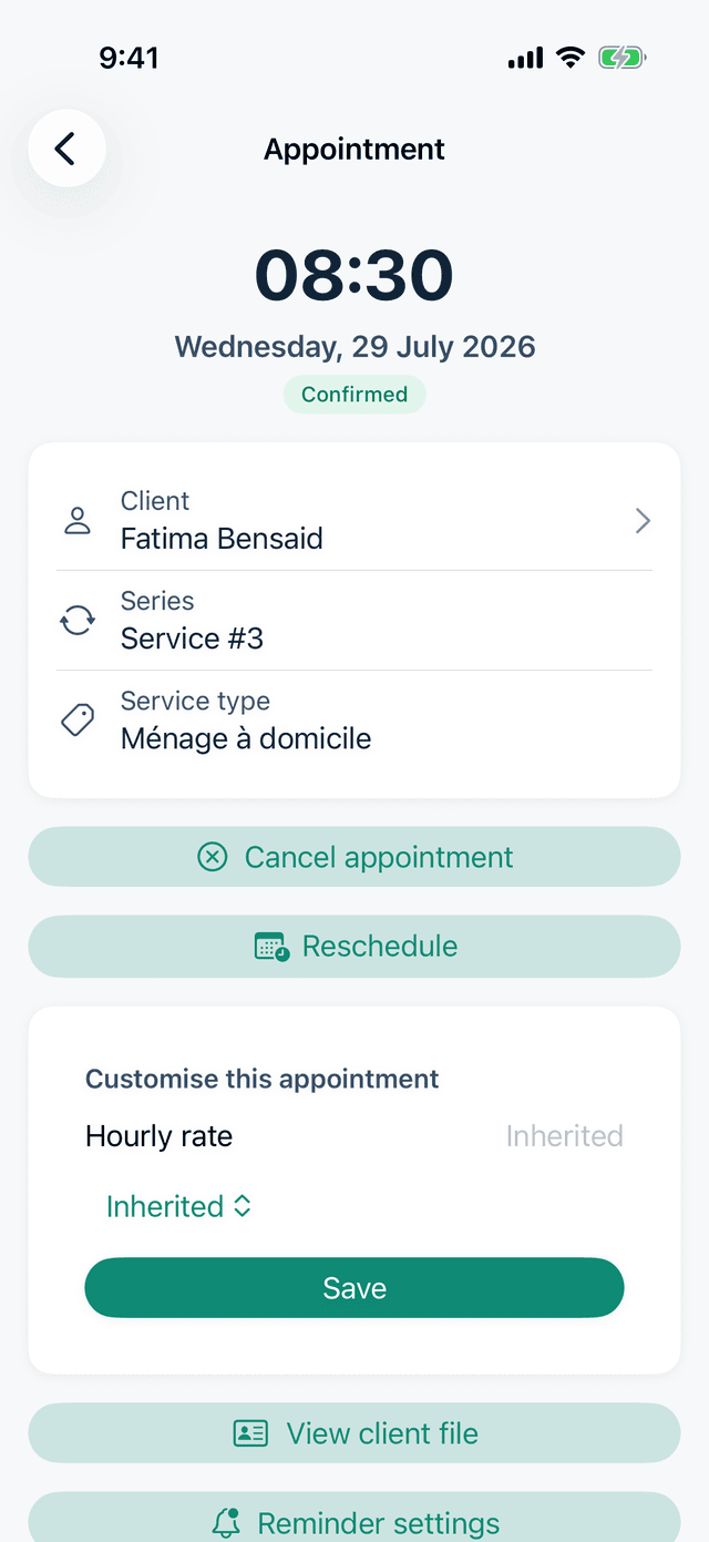 An appointment detail screen: 08:30 on Wednesday 29 July 2026, status "Confirmed", client Fatima Bensaid, a recurring service of type "Ménage à domicile" (home cleaning), with the "Cancel appointment" and "Reschedule" buttons.